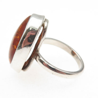925 Sterling Silver Vintage Real Cabochon Amber Modernist Ring Size 8.5