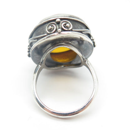 925 Sterling Silver Vintage Real Large Amber Ring Size 7