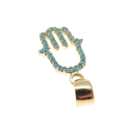 14K Yellow Gold Real Turquoise Hamsa Amulet Minimalist Charm Pendant