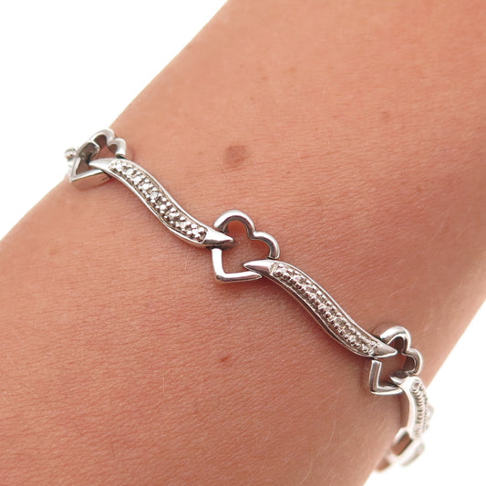 925 Sterling Silver Real Round-Cut Diamond Heart & Bar Link Bracelet 7.25"