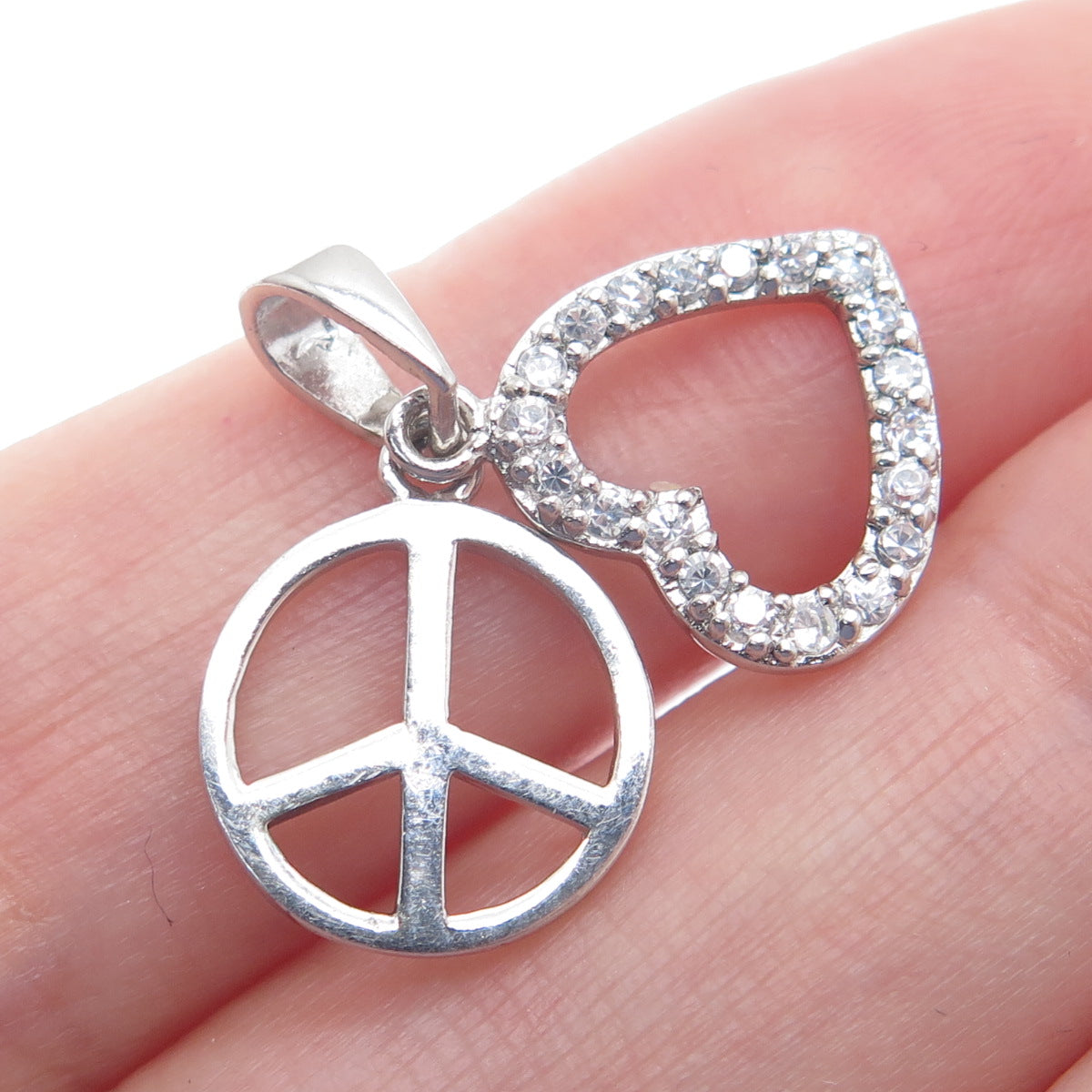 925 Sterling Silver ATI C Z Open Heart & Symbol of Peace Minimalist Pendant