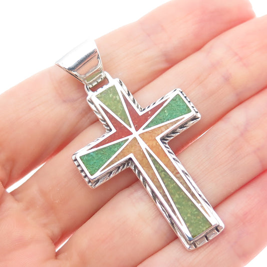 CAROLYN POLLACK Sterling Silver Vintage Turquoise Coral MOP Inlay Cross Pendant