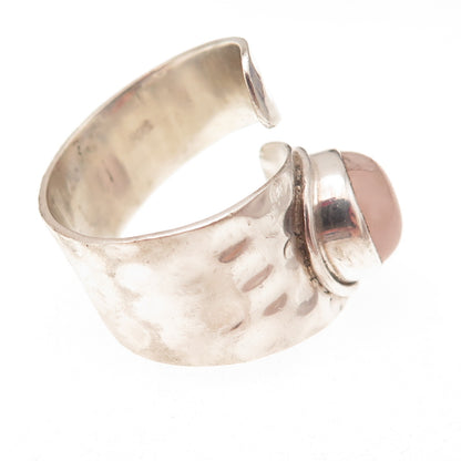 925 Sterling Silver Vintage Real Rose Quartz Modernist Adjustable Ring Size 7.25
