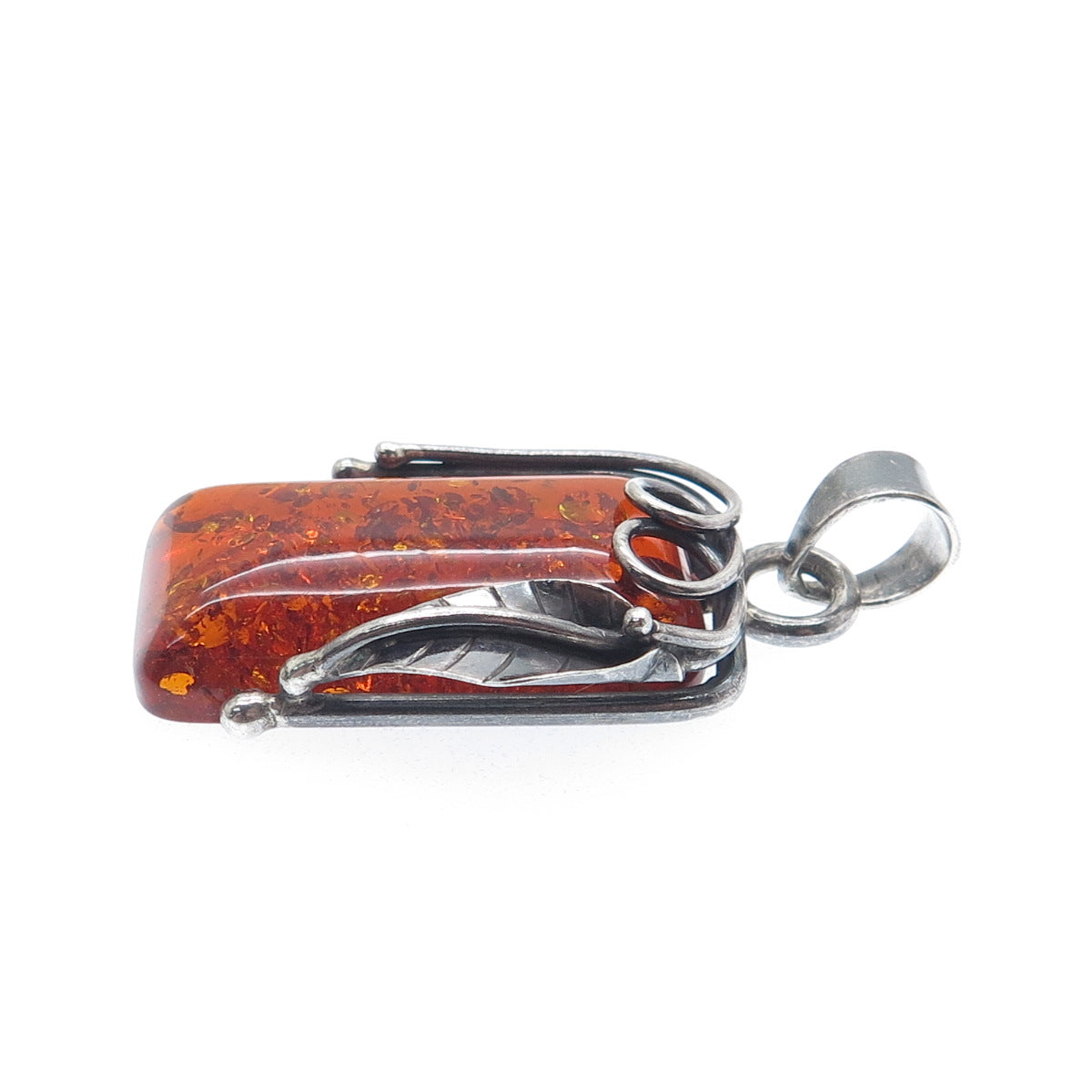 925 Sterling Silver Vintage Real Baltic Amber Leaf Modernist Oxidized Pendant
