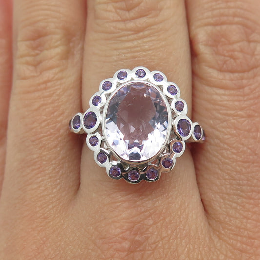 DSMK 925 Sterling Silver Oval & Round-Cut Amethyst Gemstone Ring Size 7.25