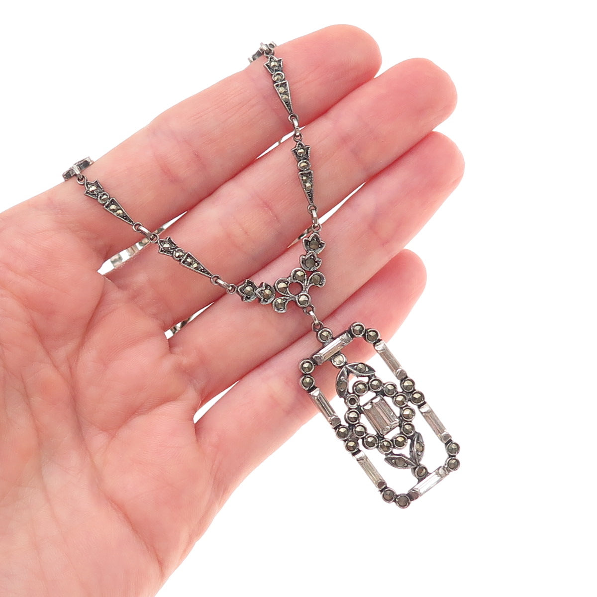 925 Sterling Antique Rhinestone & Marcasite Chain Necklace 16" (missing 1 stone)