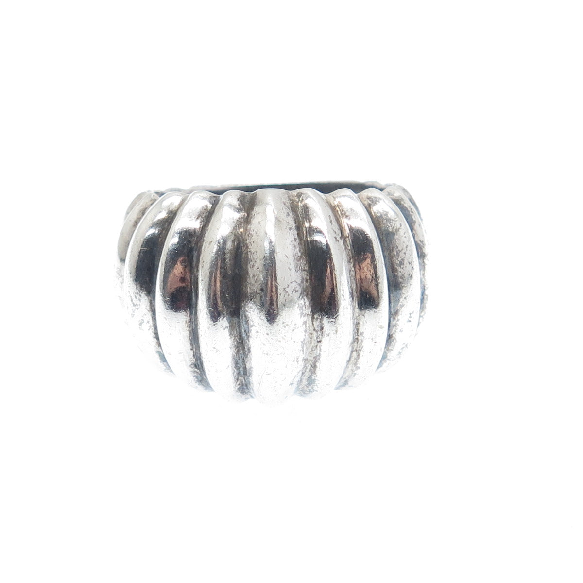 925 Sterling Silver Vintage Modernist Ribbed Dome Oxidized Ring Size 7