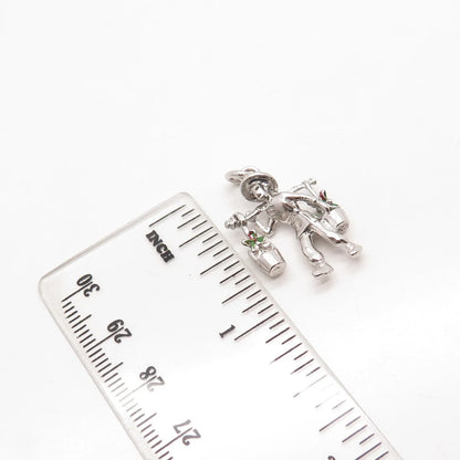 925 Sterling Silver Vintage Old Stock Enamel Man Carrying Flower Buckets Pendant