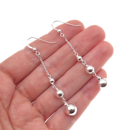 925 Sterling Silver Vintage Graduated Ball Beaded Chain Drop Dangle Earrings