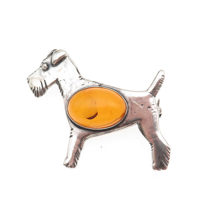 925 Sterling Silver Vintage Real Amber Airedale Terrier Dog Oxidized Pin Brooch