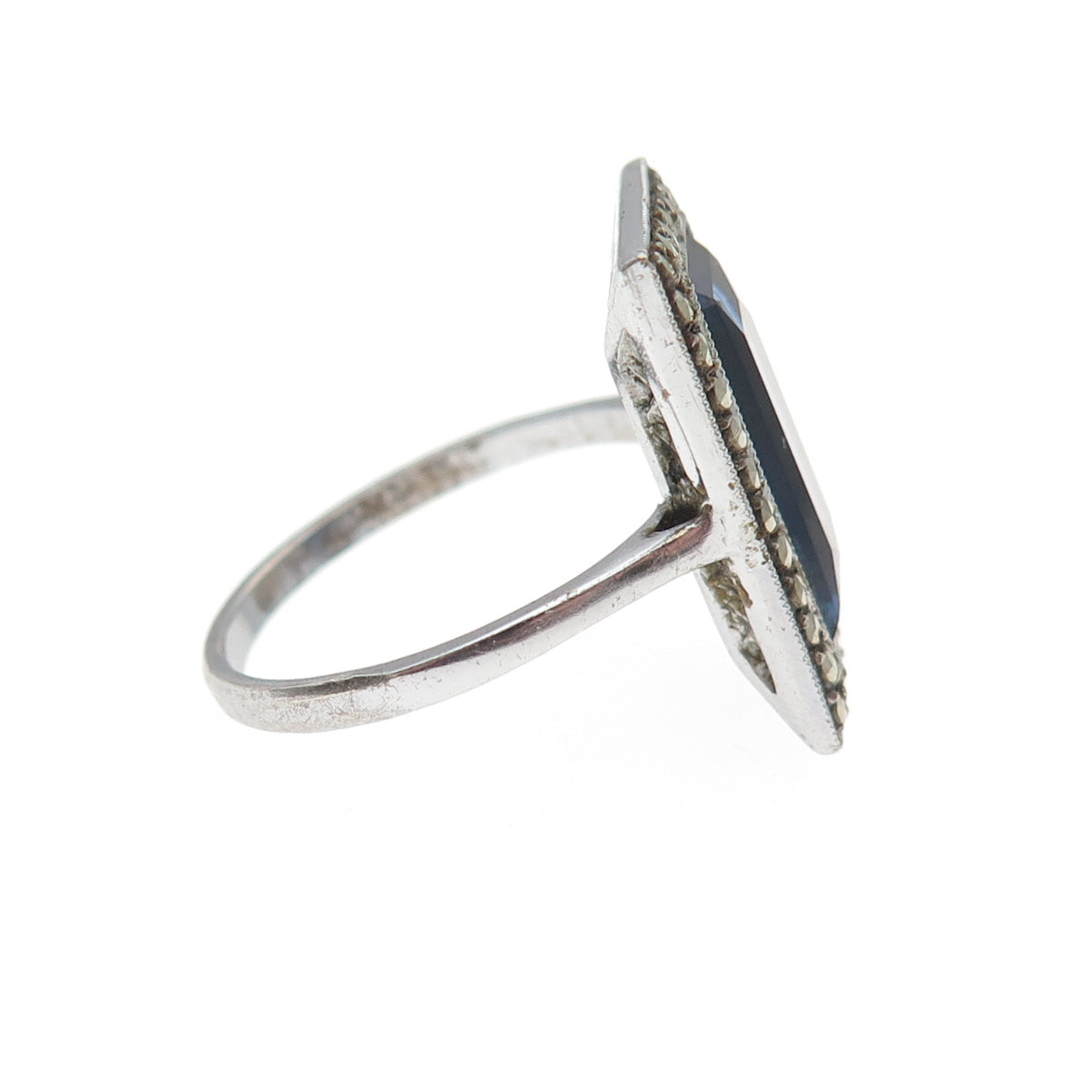 935 Silver Antique Art Deco Blue Rhinestone Real Marcasite Ring Size 5.75