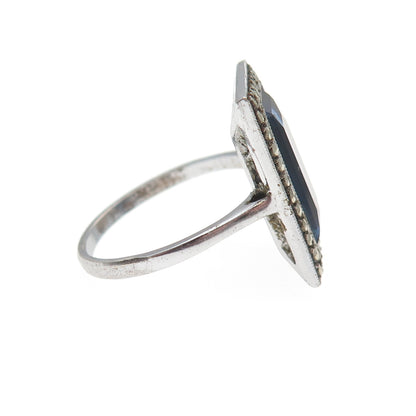 935 Silver Antique Art Deco Blue Rhinestone Real Marcasite Ring Size 5.75