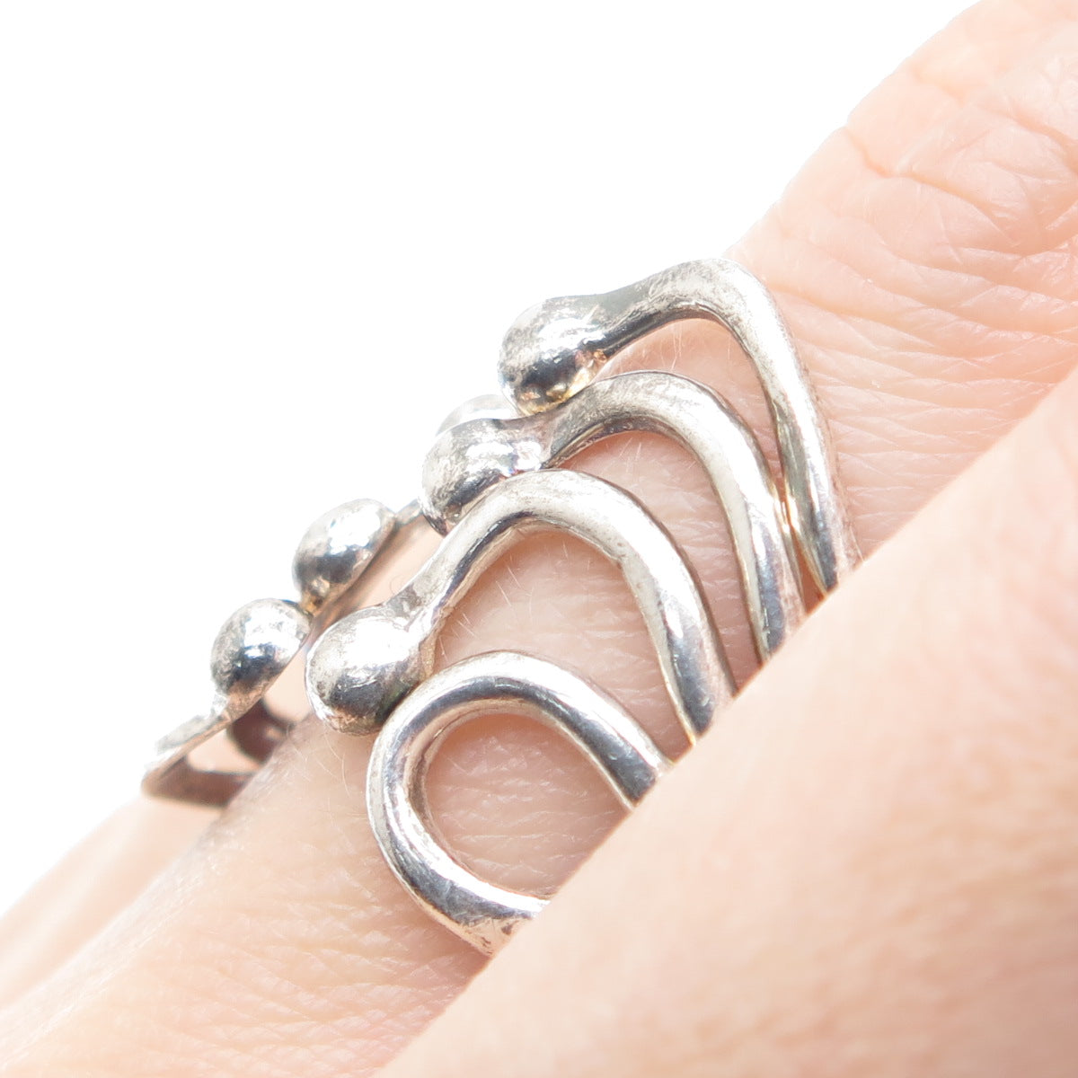 925 Sterling Silver Vintage Modernist Beaded Bypass Adjustable Ring Size 10.75
