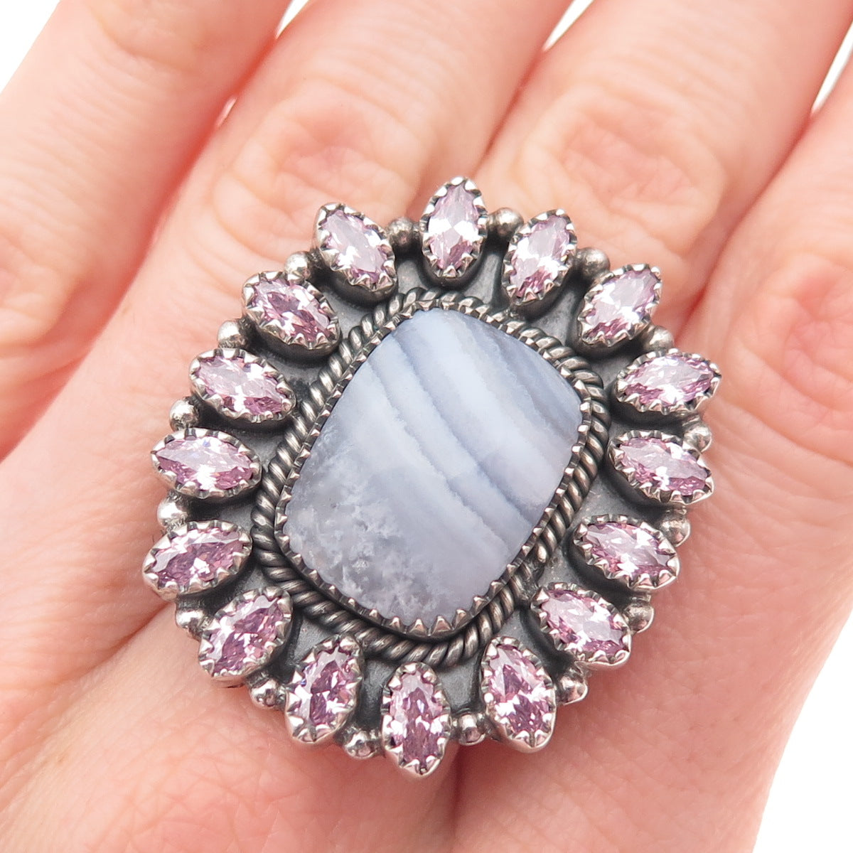 925 Sterling Silver Vintage Real Lace Agate & Pink C Z Adjustable Ring Size 8.75