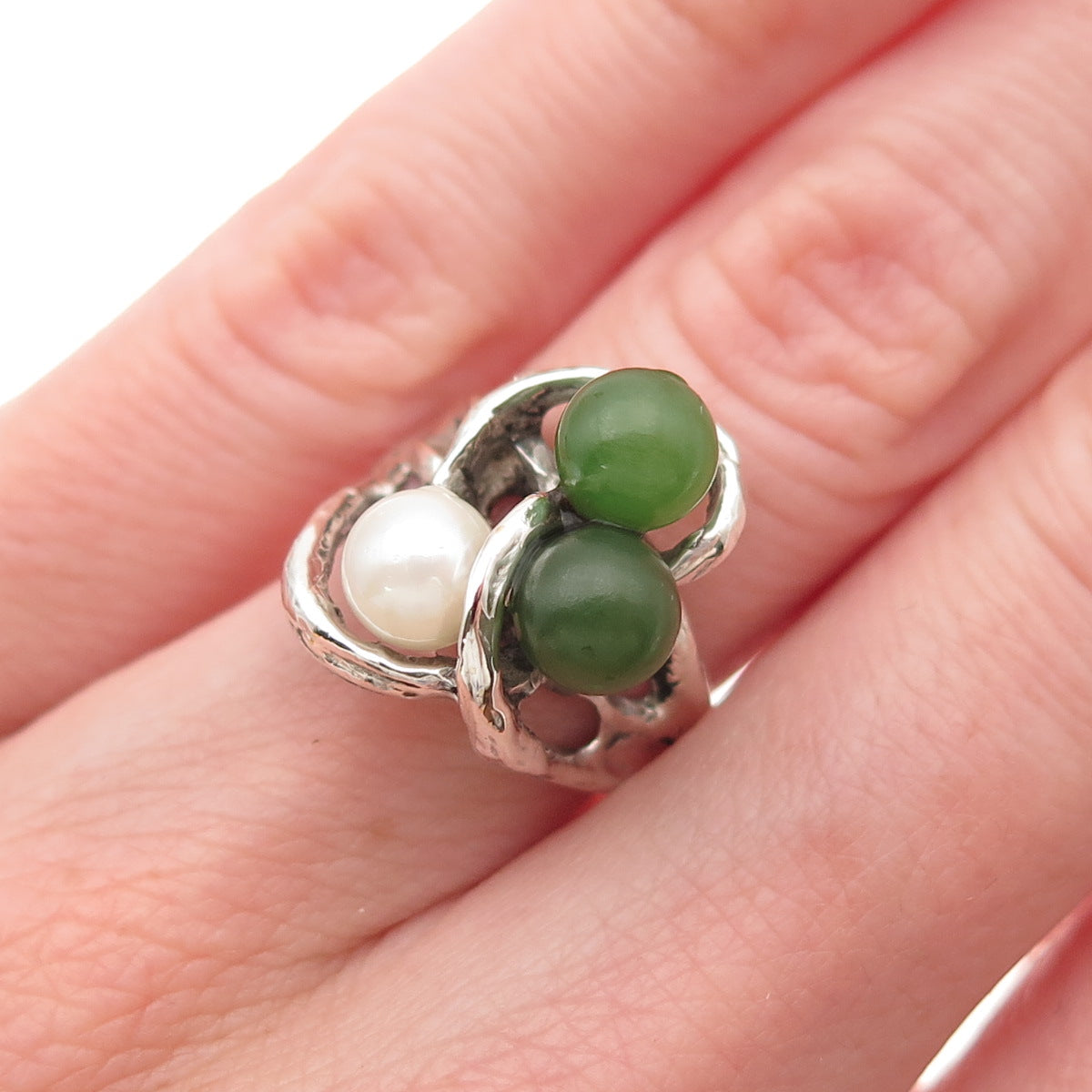 925 Sterling Silver Vintage Real Pearl & Jade Modernist Oxidized Ring Size 4.75