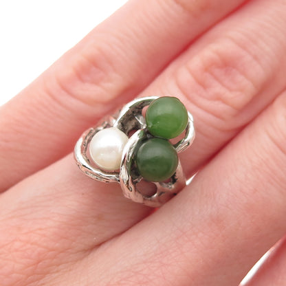 925 Sterling Silver Vintage Real Pearl & Jade Modernist Oxidized Ring Size 4.75
