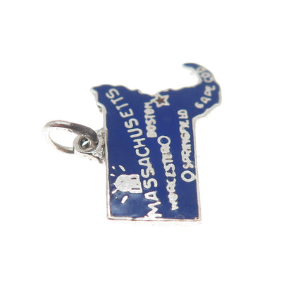 925 Sterling Silver Vintage Enamel "Massachusetts" State Map Charm Pendant