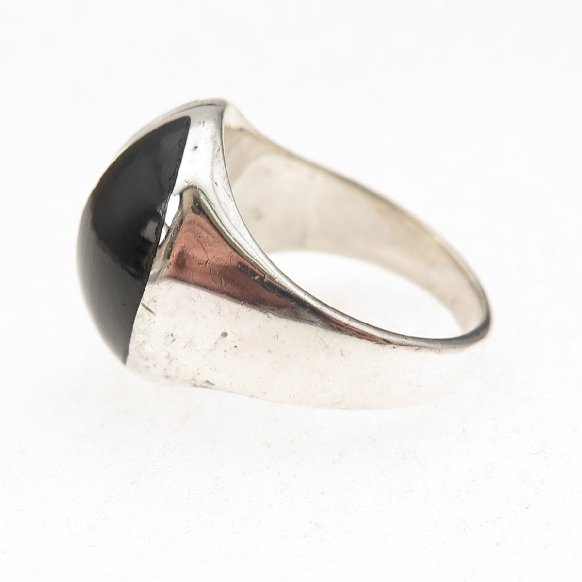 925 Sterling Silver Vintage Real Black Onyx Modernist Dome Ring Size 8