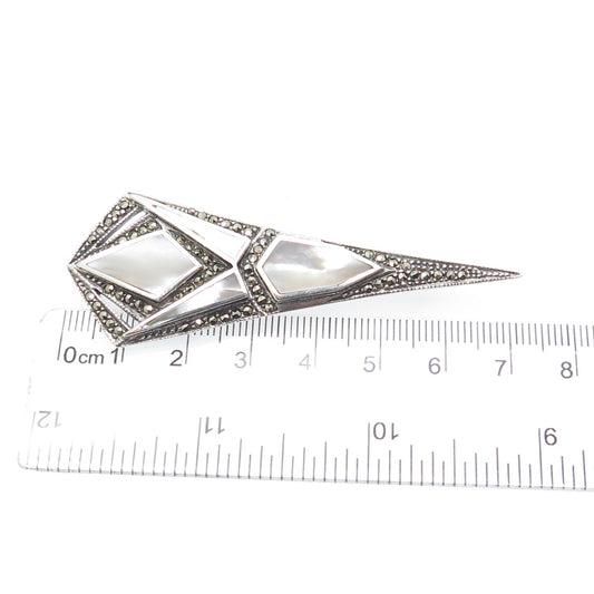 925 Sterling Silver Vintage Real MOP & Marcasite Torch Oxidized Pin Brooch