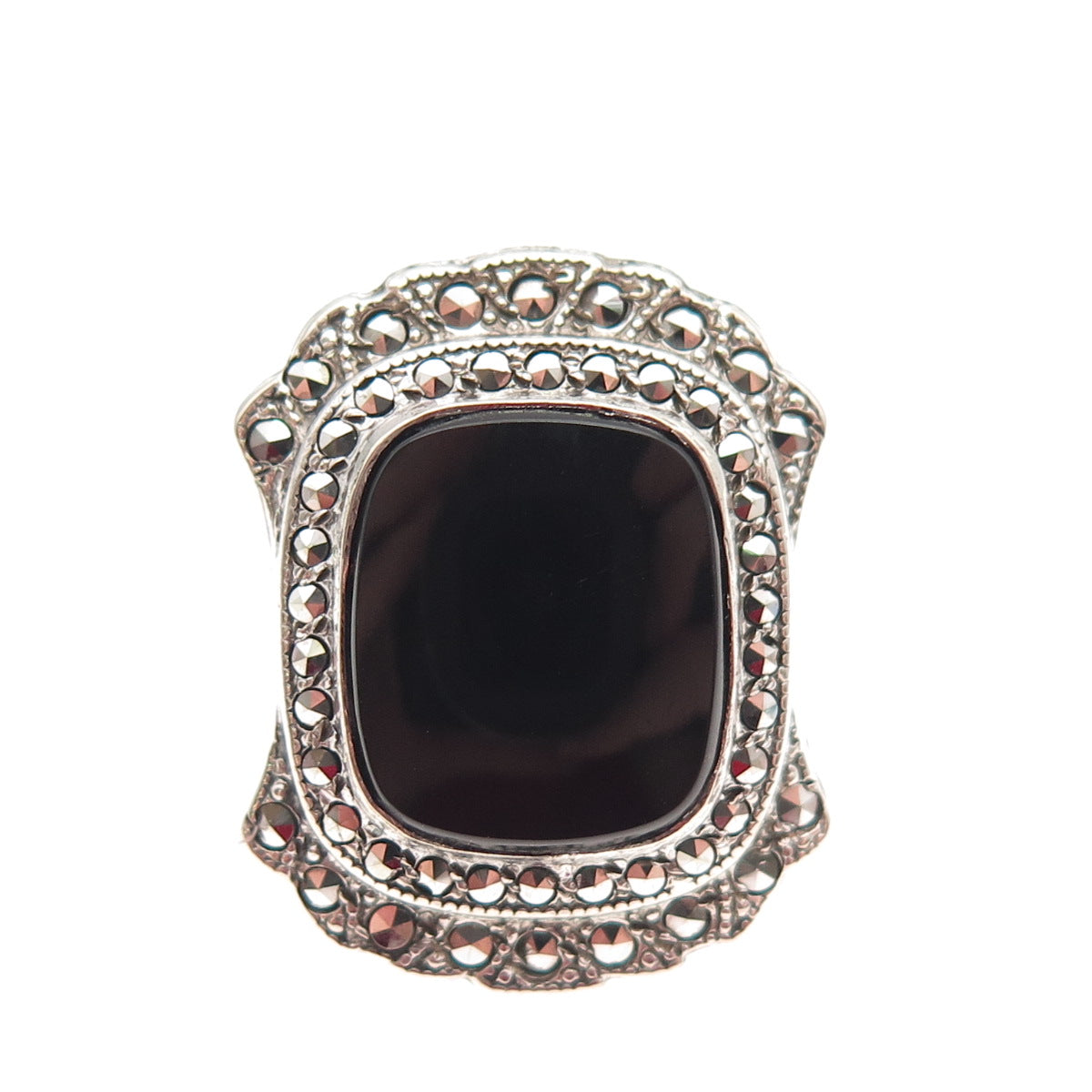 UNCAS 925 Sterling Antique Art Deco Real Black Onyx & Marcasite Ring Size 3.25