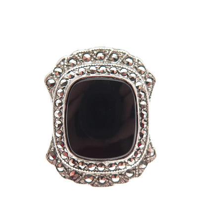 UNCAS 925 Sterling Antique Art Deco Real Black Onyx & Marcasite Ring Size 3.25