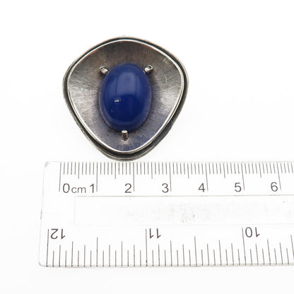 925 Sterling Silver Vintage Real Blue Onyx Modernist Oxidized Pin Brooch Pendant