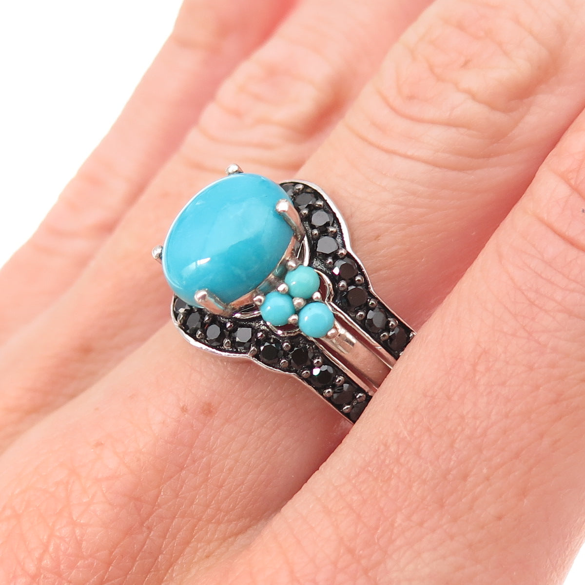 Chuck Clemency 925 Sterling Silver Real Turquoise & Black Spinel Ring Size 8.25