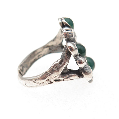925 Sterling Vintage Israel Real Green Onyx Modernist Adjustable Ring Size 7.75