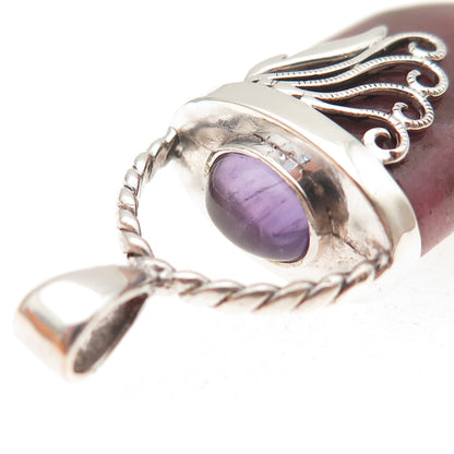 925 Sterling Silver Vintage Real Rhodonite & Amethyst Floral Charm Pendant