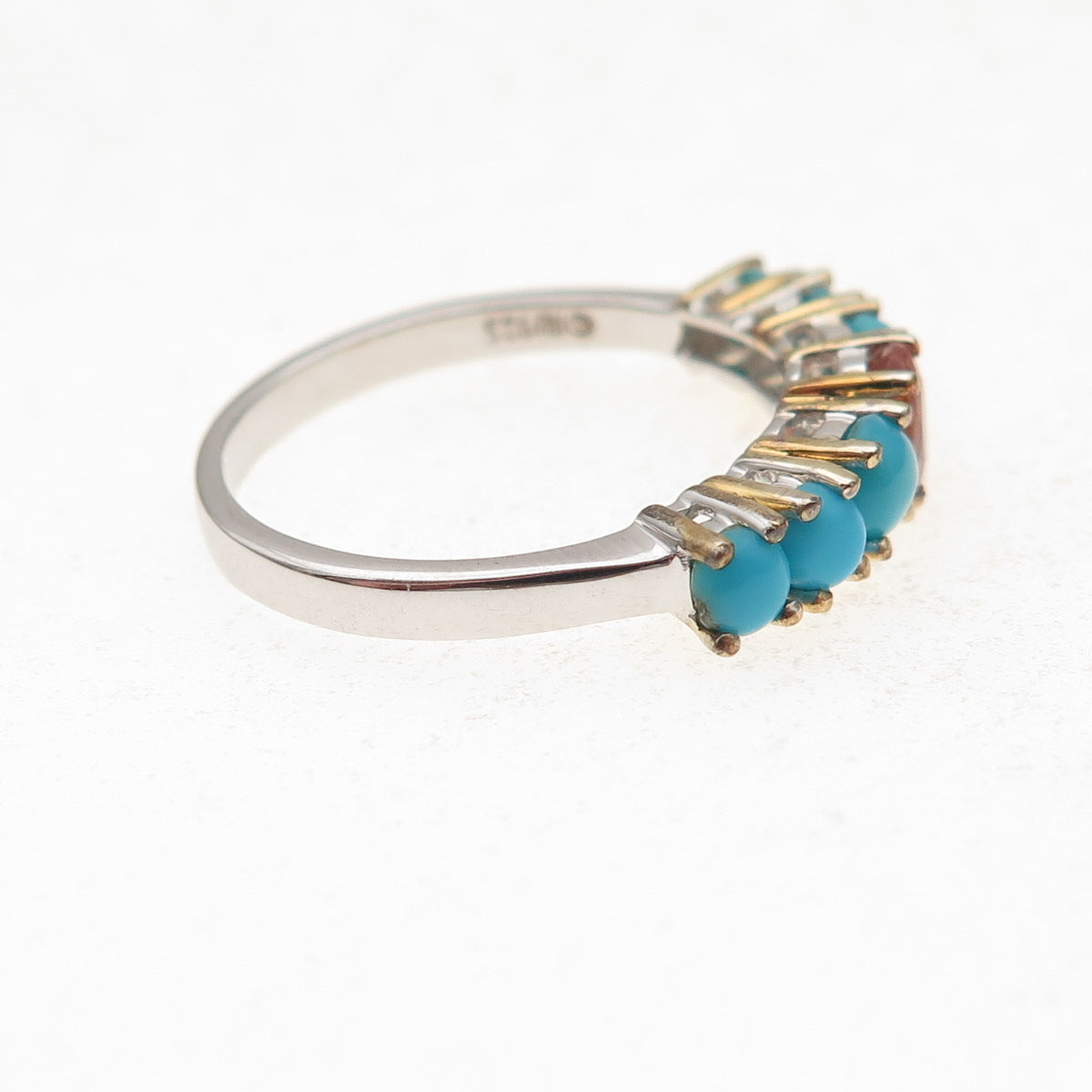925 Sterling Silver 2-Tone Real Fire Sapphire & Turquoise Ring Size 8.25