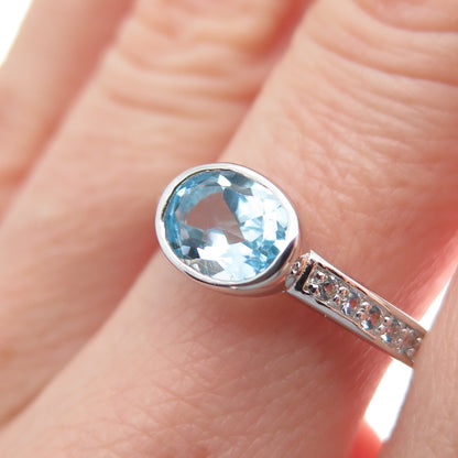 DSMK Sterling Silver Real Oval-Cut Blue & Round-Cut White Topaz Ring Size 8.25