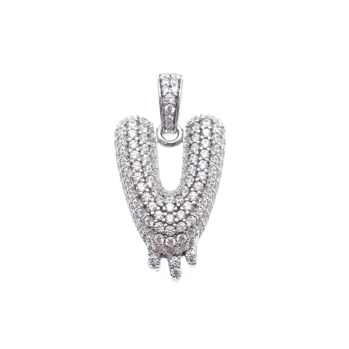 925 Sterling Silver Round-Cut C Z Sparkle Melted Letter V Initial Charm Pendant