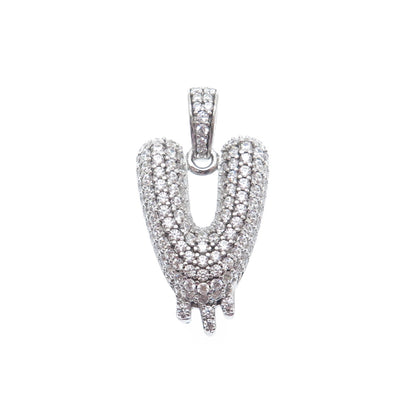925 Sterling Silver Round-Cut C Z Sparkle Melted Letter V Initial Charm Pendant
