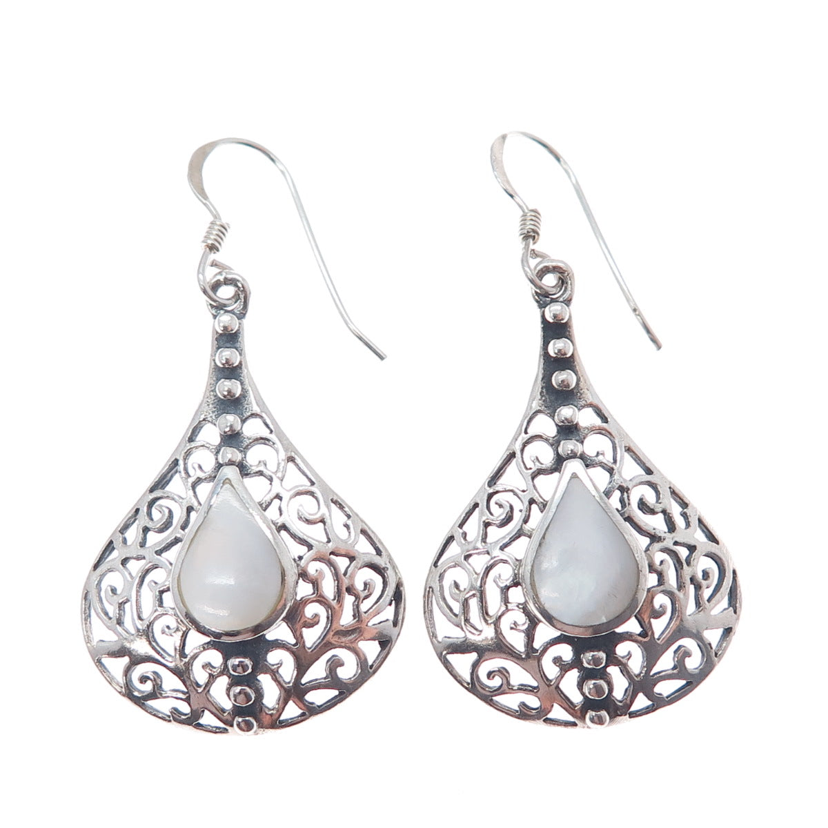 925 Sterling Silver Vintage Real MOP Ornate Oxidized Dangle Earrings