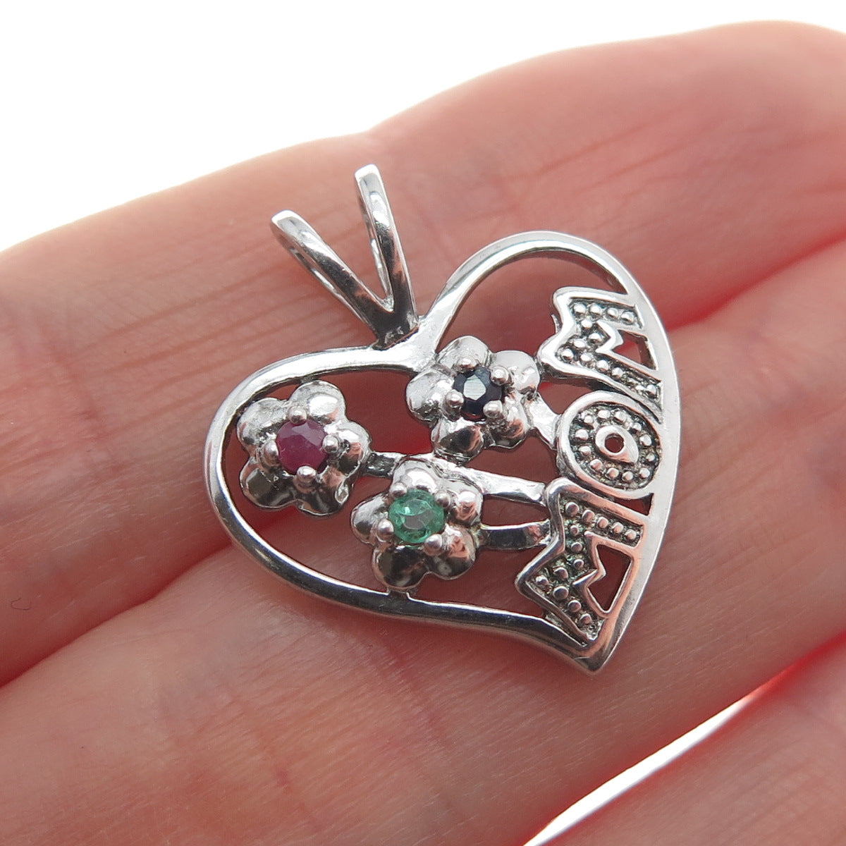 NEVADA 925 Sterling Silver Real Sapphire Ruby & Emerald Mom Heart Mini Pendant