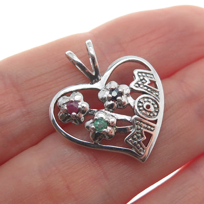 NEVADA 925 Sterling Silver Real Sapphire Ruby & Emerald Mom Heart Mini Pendant