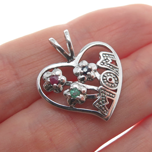 NEVADA 925 Sterling Silver Real Sapphire Ruby & Emerald Mom Heart Mini Pendant