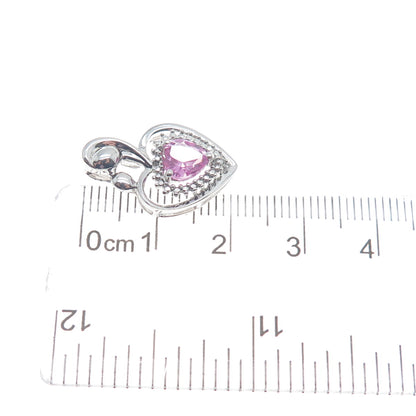 SUN 925 Sterling Silver Real Pink Sapphire Gemstone Heart Slide Pendant