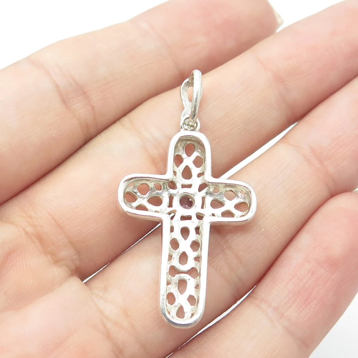 925 Sterling Silver Vintage Real Amethyst Gemstone Ornate Cross Pendant