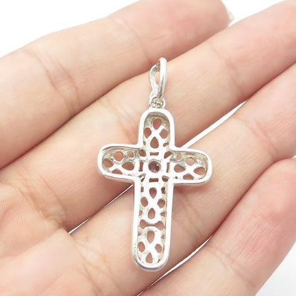 925 Sterling Silver Vintage Real Amethyst Gemstone Ornate Cross Pendant