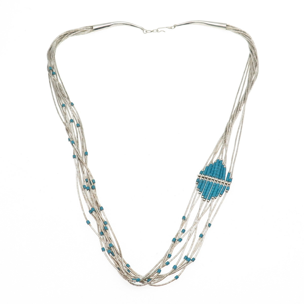 Old Pawn Sterling Silver Vintage Turquoise 10-Strand Liquid Chain Necklace 22"