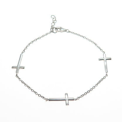 925 Sterling Silver Cross Station Cable Link Bracelet 7.25-8.25"