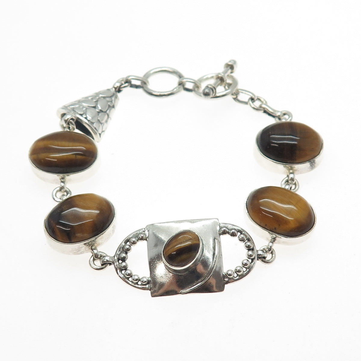 925 Sterling Silver Vintage Real Tiger Eye Modernist Link Bracelet 6-6.75"