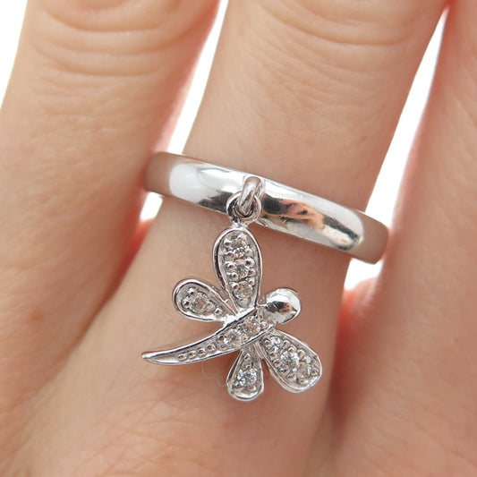 925 Sterling Silver Round-Cut C Z Dragonfly Dangle Charm Ring Size 7.25