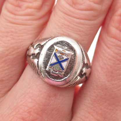 925 Sterling Silver Antique WWII Enamel US Army Eagle Oxidized Ring Size 8.5