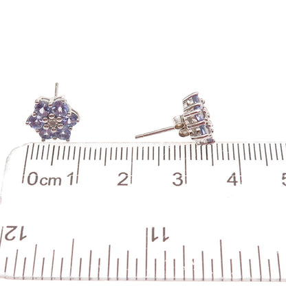 925 Sterling Silver Real Round-Cut Diamond & Tanzanite Floral Stud Earrings