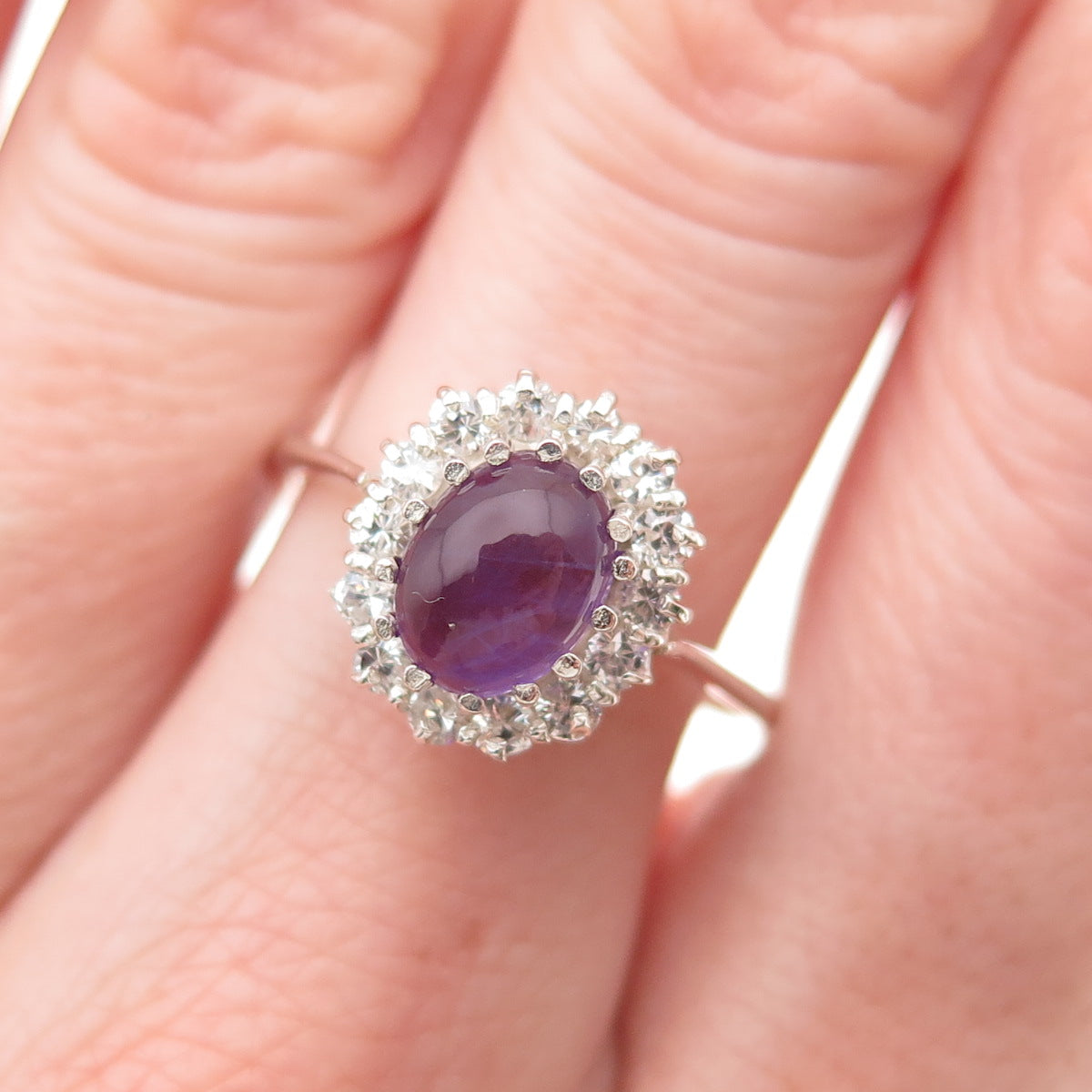 925 Sterling Silver Vintage Real Amethyst & White Topaz Ring Size 8.25