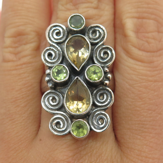 925 Sterling Silver Vintage Real Citrine & Peridot Swirl Statement Ring Size 8.5