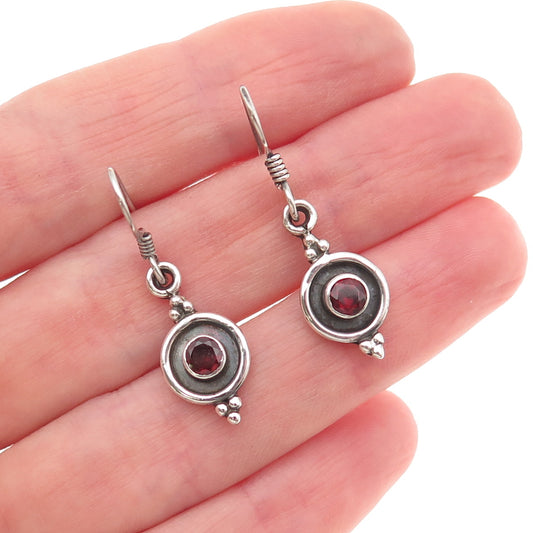 925 Sterling Silver Vintage Real Red Garnet Modernist Oxidized Dangle Earrings