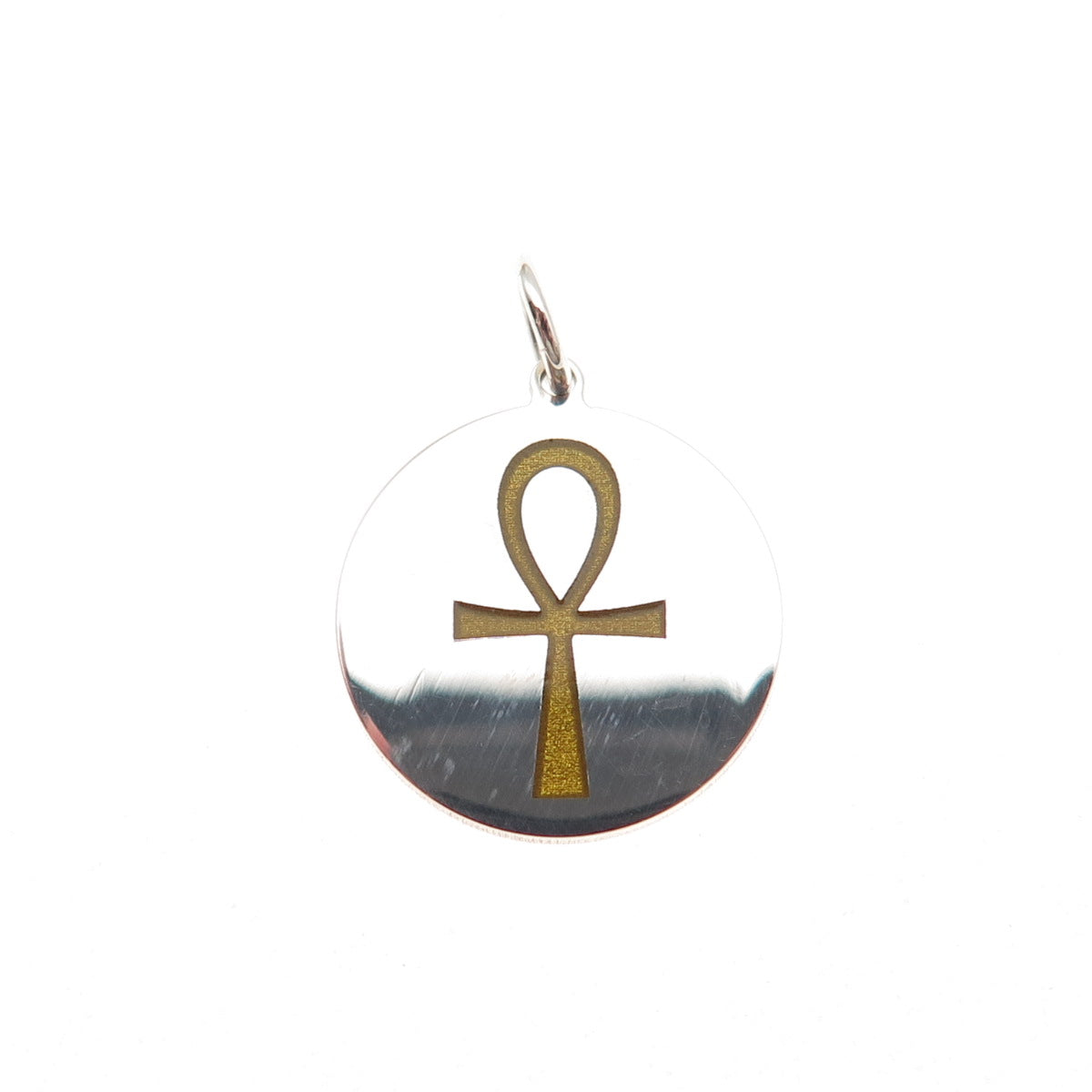 925 Sterling Silver Mustard Enamel Egyptian Ankh Round Tag Mini Charm Pendant
